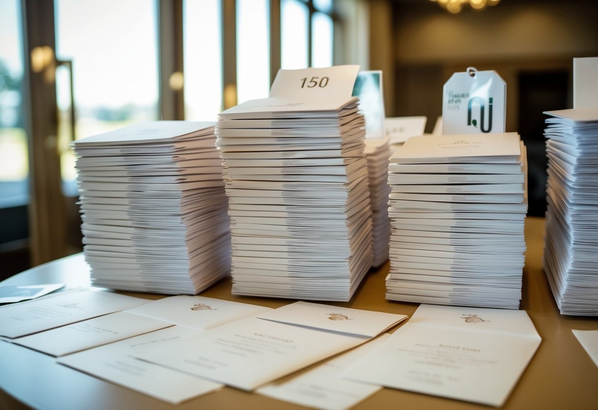 A stack of 150 wedding invitations with elegant designs and envelopes, arranged neatly on a table with a price tag displayed nearby