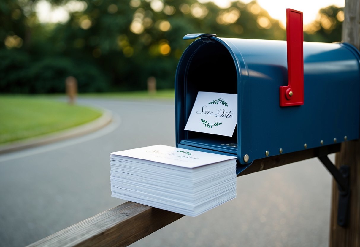 A stack of elegant save the date cards being placed in a mailbox