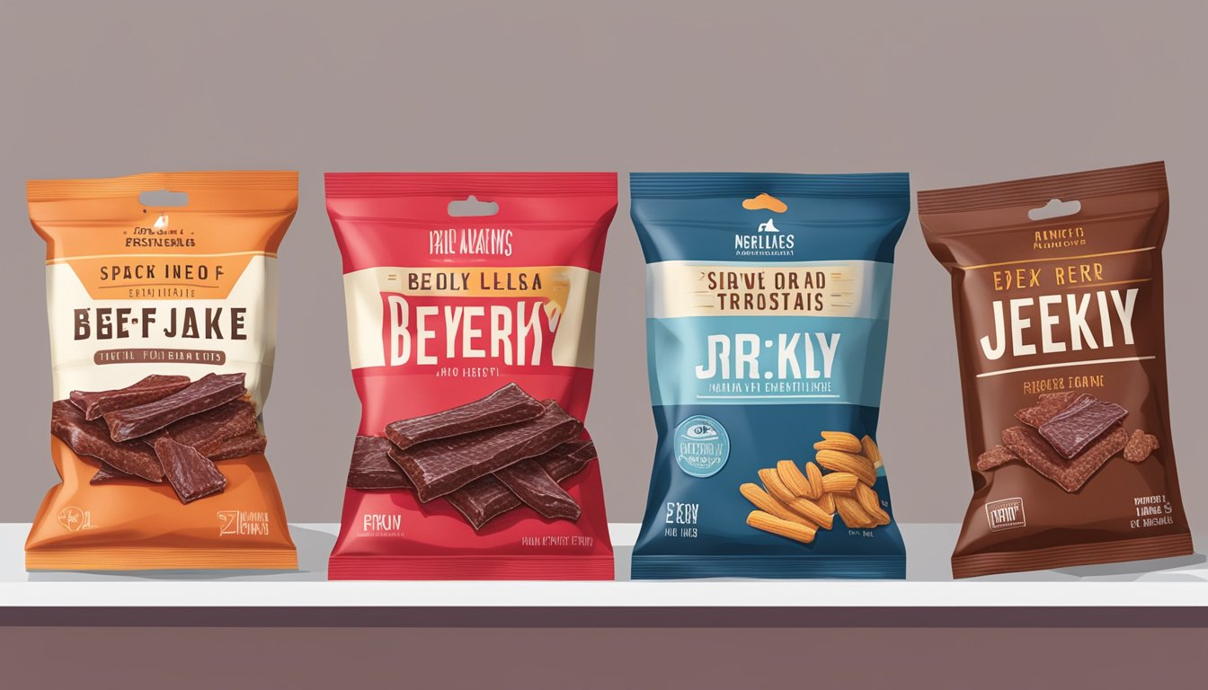 A packet of beef jerky sits on a shelf, surrounded by other snacks. The expiration date is visible on the packaging