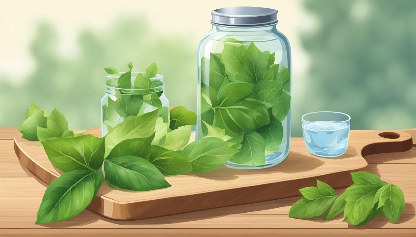 A variety of fresh green leaves spread out on a wooden cutting board, with a glass jar of water nearby for storing