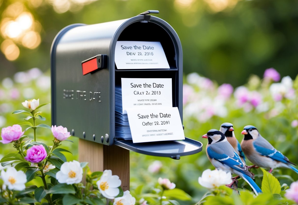 A mailbox filled with save the date cards, surrounded by blooming flowers and a family of birds