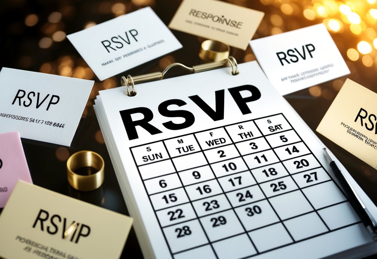A calendar with a wedding date circled, surrounded by various RSVP response cards with different dates written on them