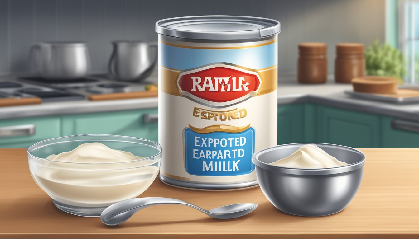 A can of expired evaporated milk next to a measuring cup and a spoon on a kitchen counter