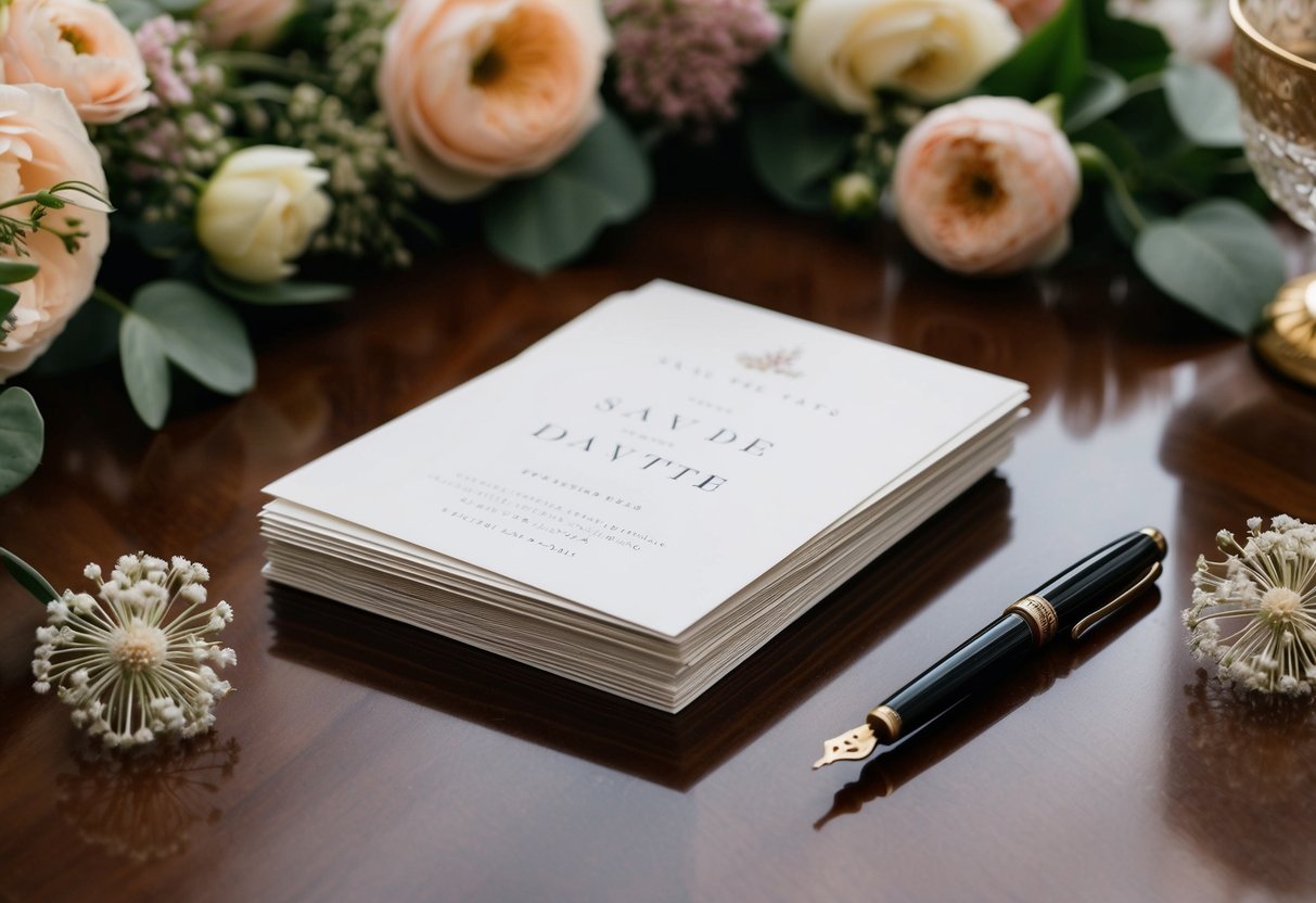 A stack of elegant save the date cards lying on a polished wooden table, surrounded by delicate floral arrangements and a vintage ink pen