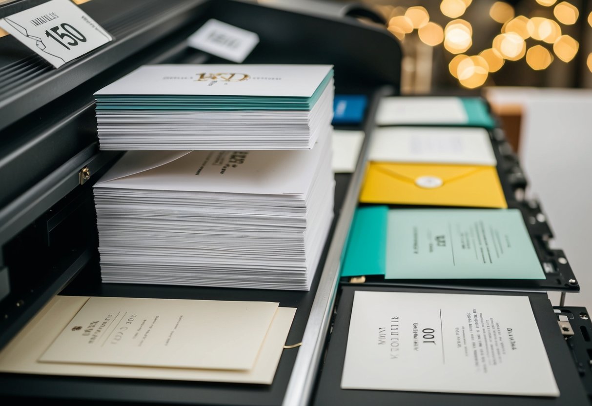 A stack of 150 wedding invitations being printed using various techniques and materials, with a price tag displayed nearby