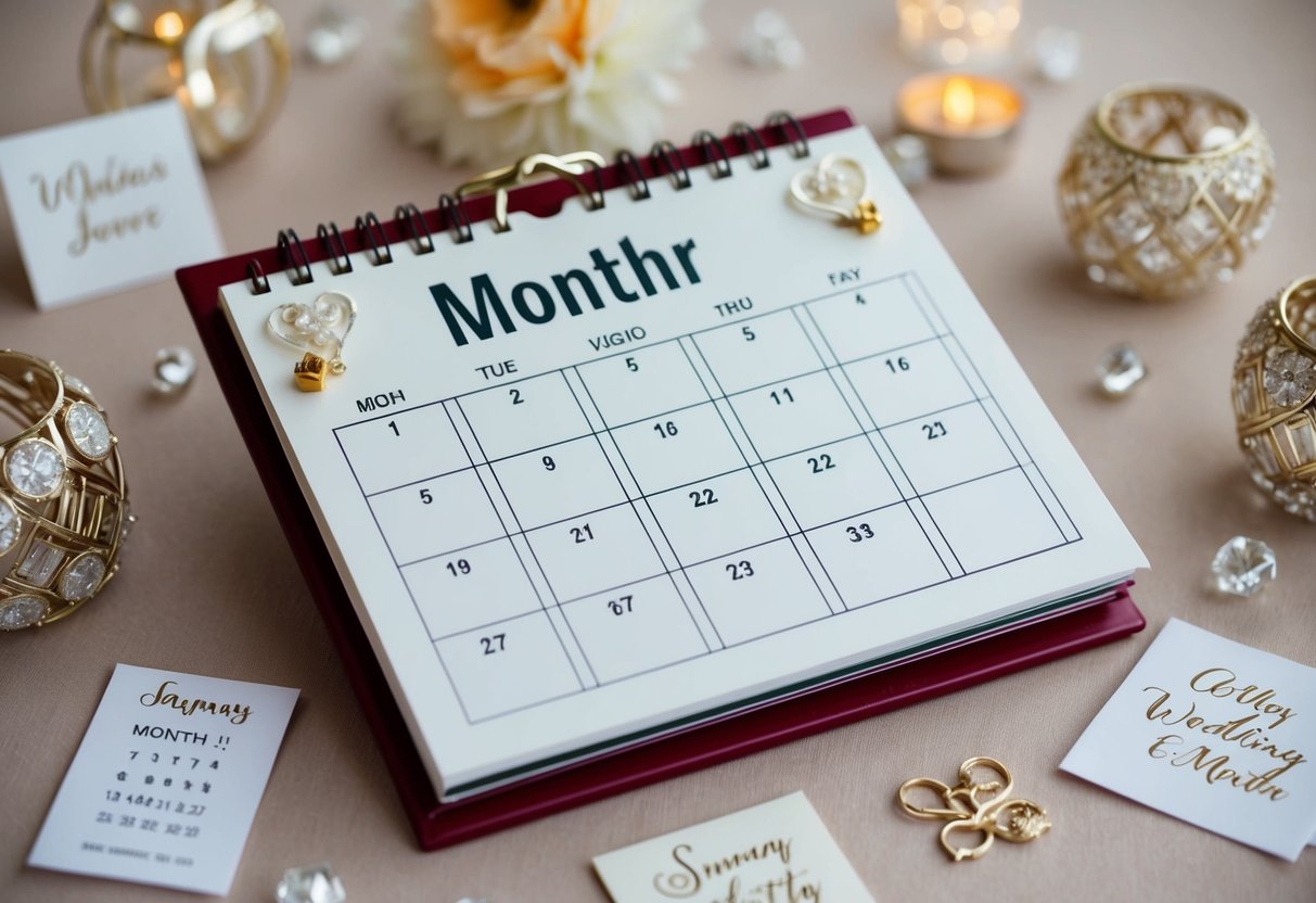 A calendar with the month clearly displayed, surrounded by various wedding-themed decorations and symbols