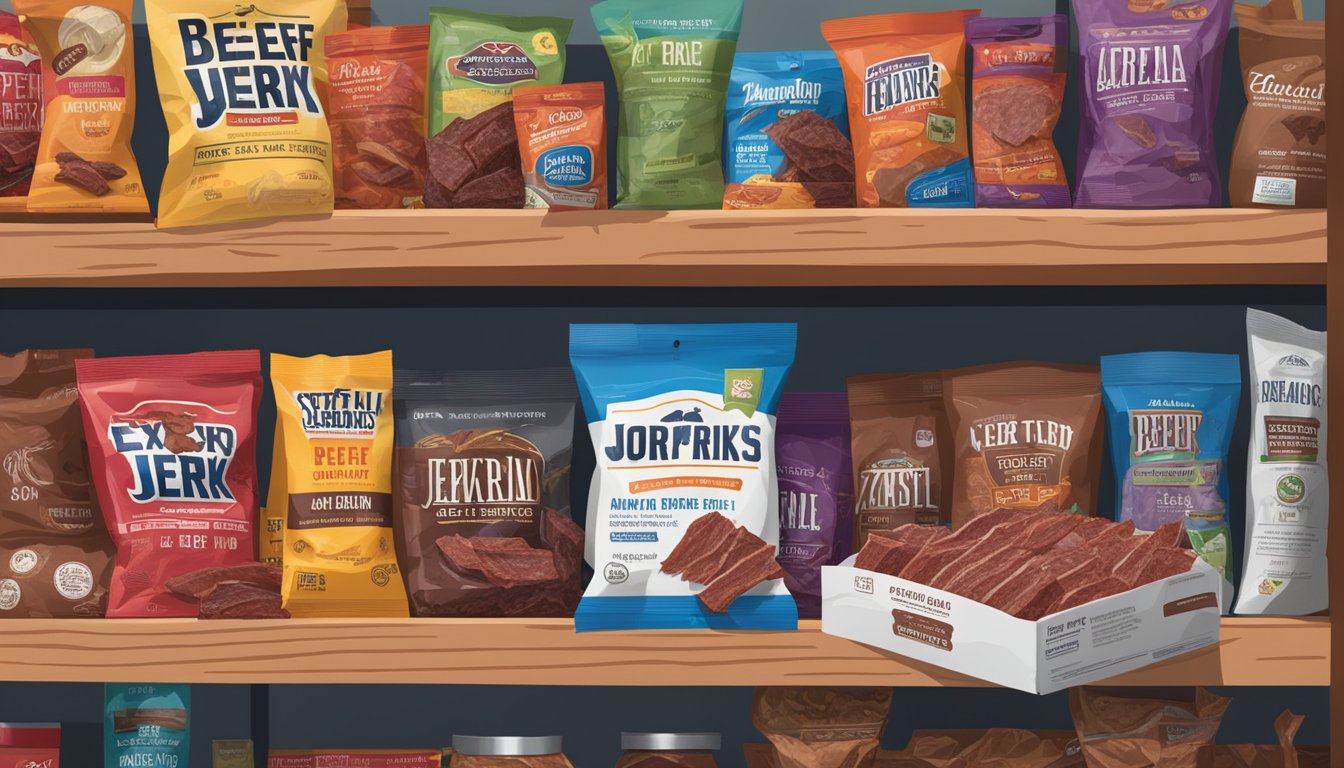 A sealed package of beef jerky sits on a shelf, surrounded by other non-perishable foods. The expiration date on the package is clearly visible