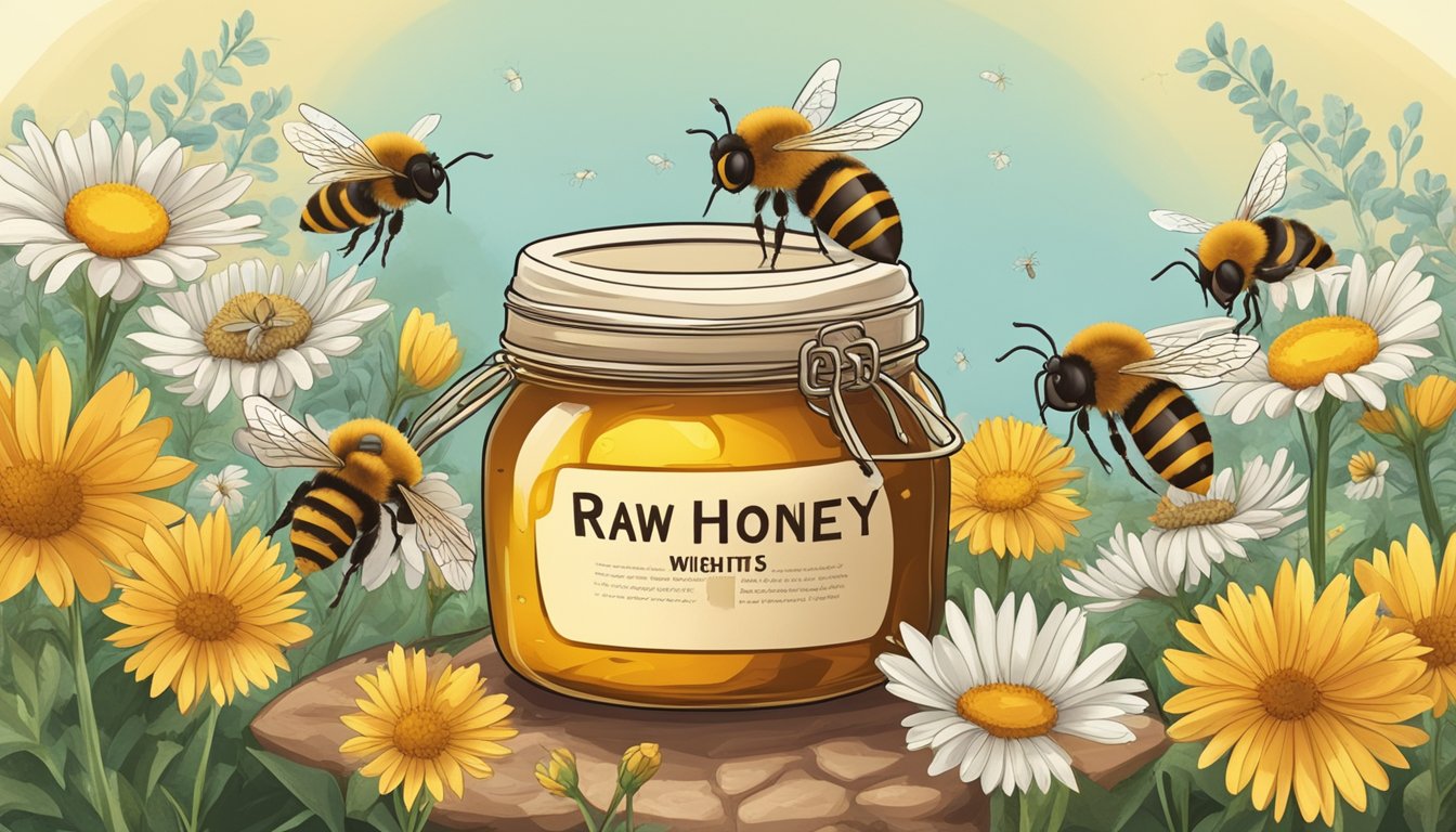 A jar of raw honey surrounded by bees and flowers, with a warning sign and safety precautions displayed nearby