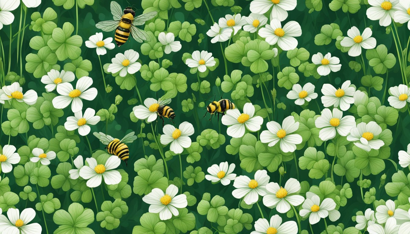 A lush field of clover with bees buzzing around, showcasing the vibrant green leaves and delicate white flowers