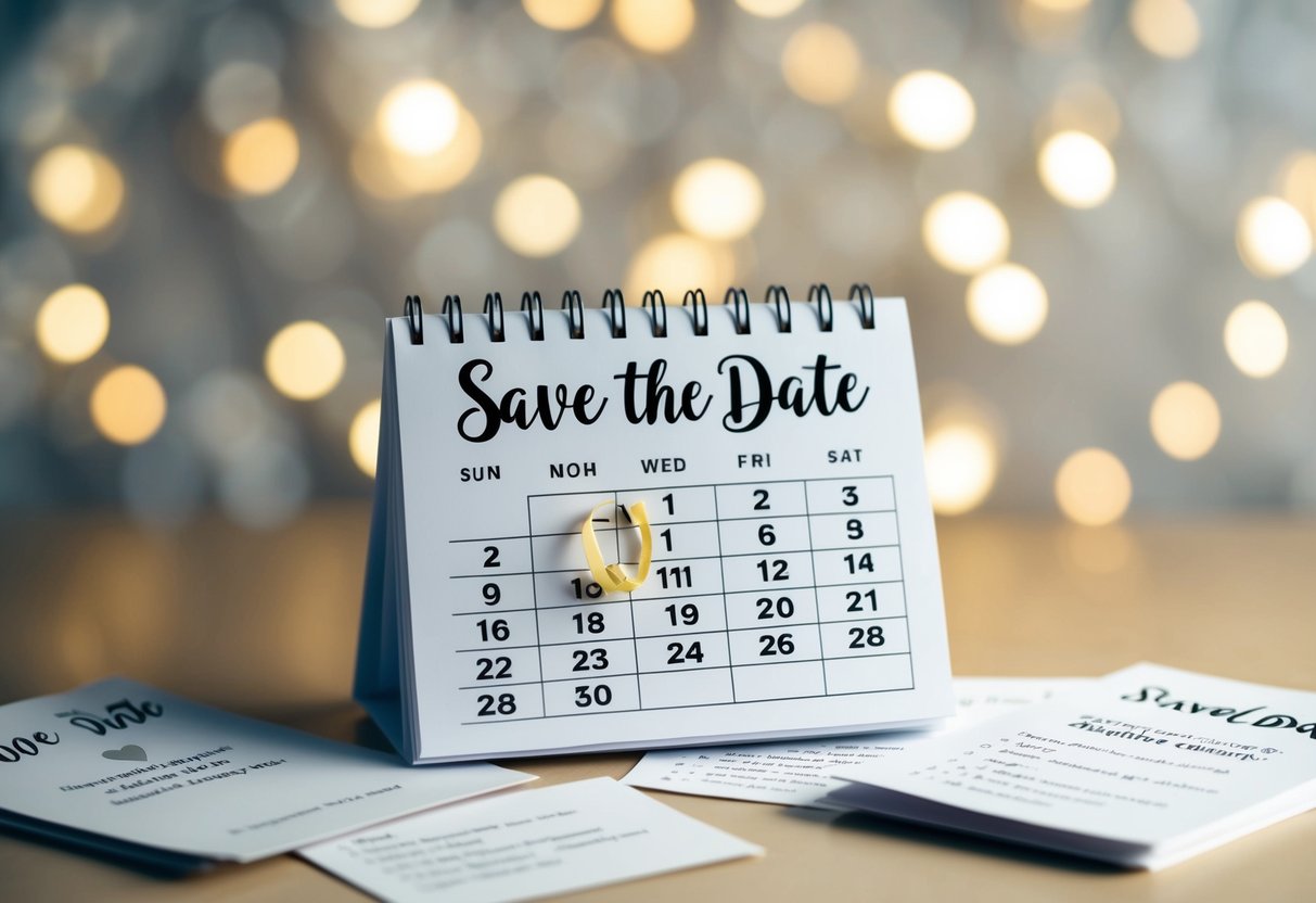 A calendar with "Save the Date" circled, surrounded by wedding details and guest considerations notes
