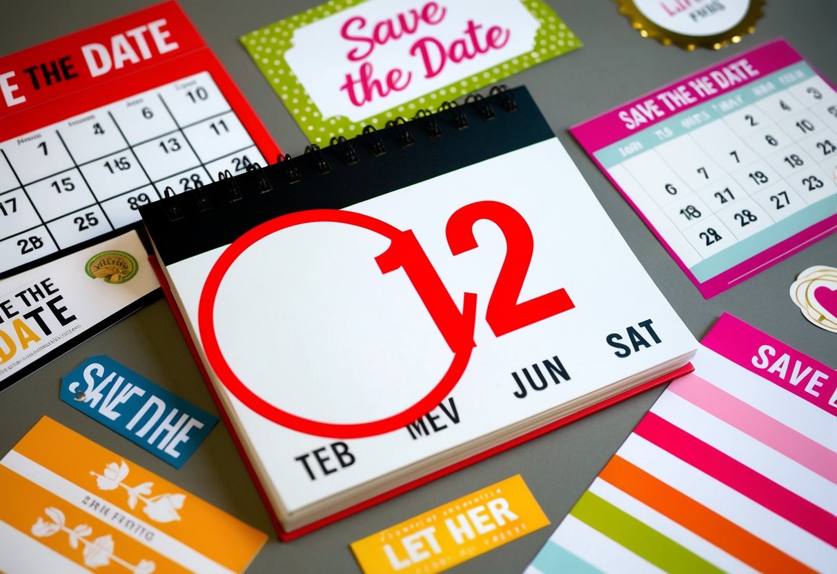 A calendar with the month "12" circled in red, surrounded by various themed save the date designs and materials