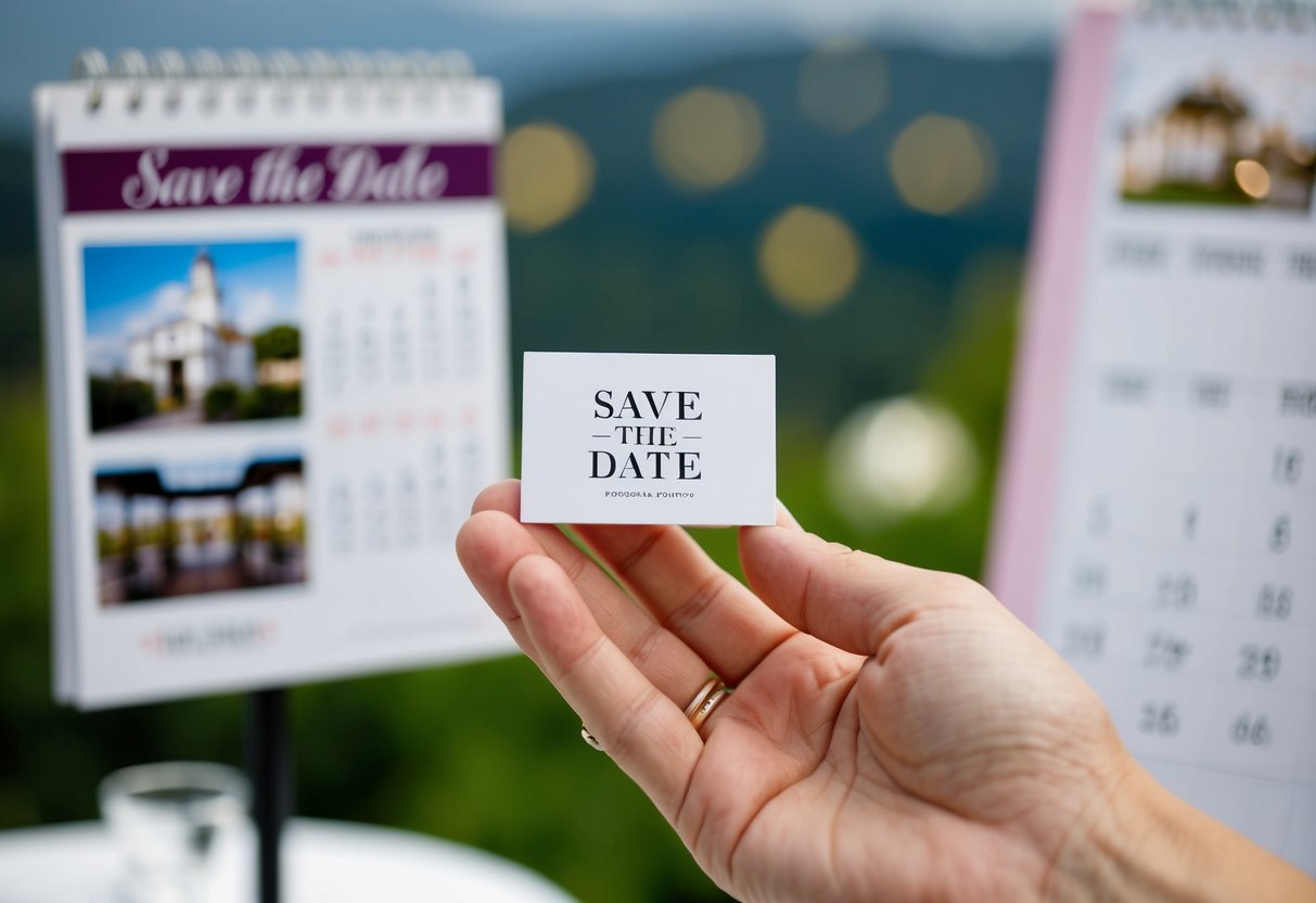 A hand holding a small, rectangular save the date card against a blurred background of a calendar and a wedding venue