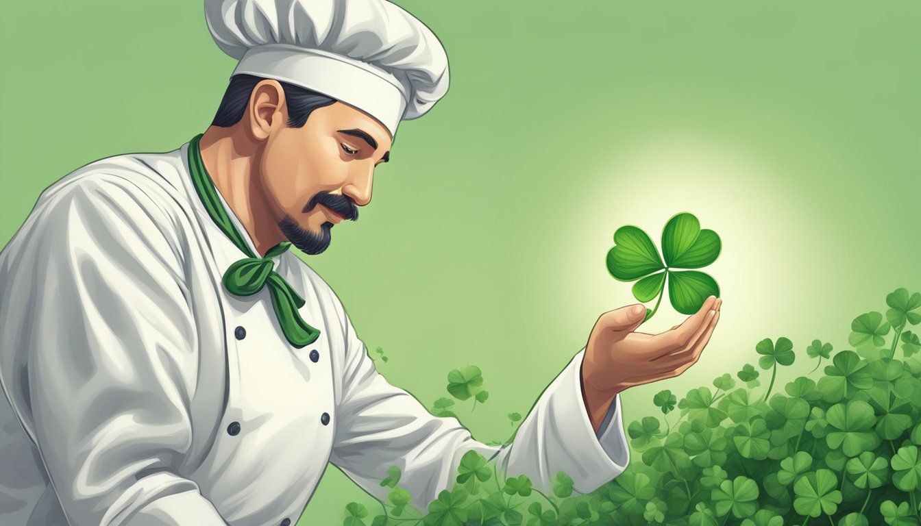 A chef inspecting clover for culinary use, holding a leaf up to the light