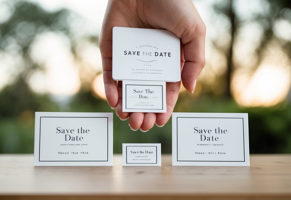 A hand holding various sizes of save the date cards, comparing them for size