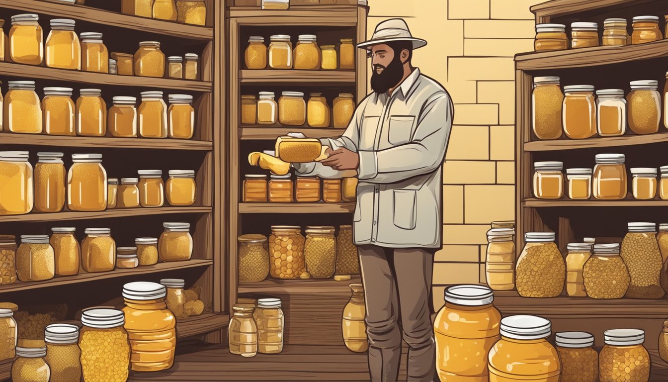 A person holding a jar of honey, surrounded by honeycombs and bees. A pantry shelf with various jars of honey and a sealed container for storing raw honey