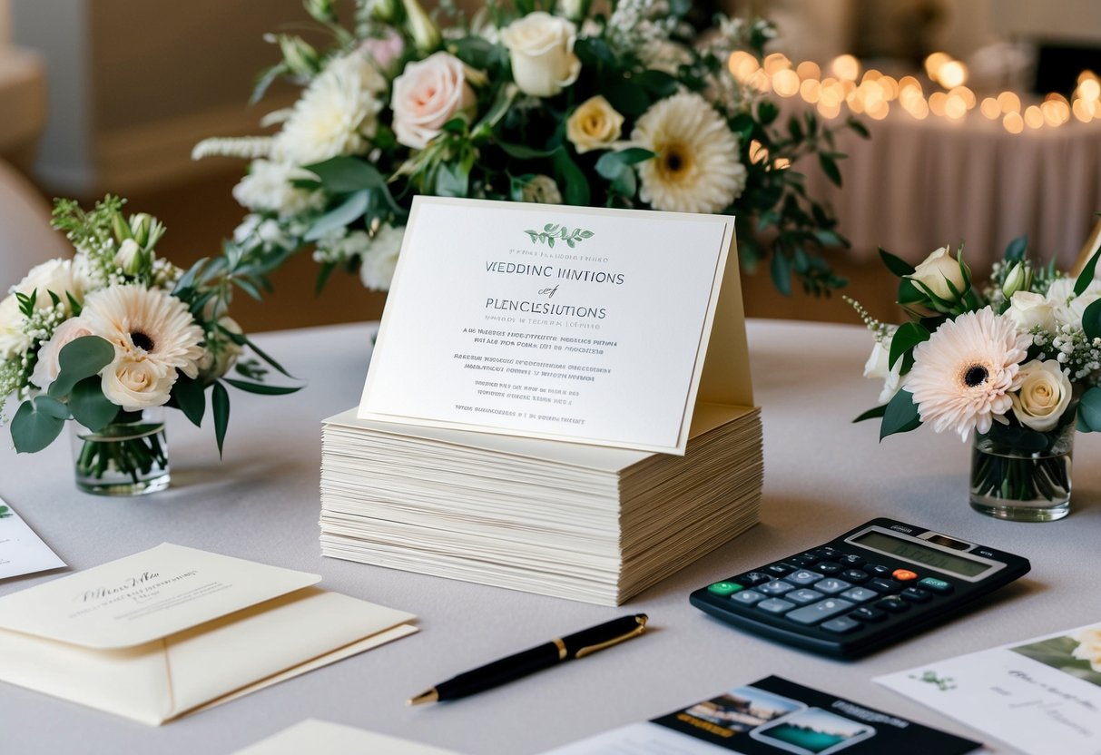 A stack of elegant wedding invitations with accompanying envelopes, a pen, and a calculator on a table surrounded by floral arrangements and wedding decor samples