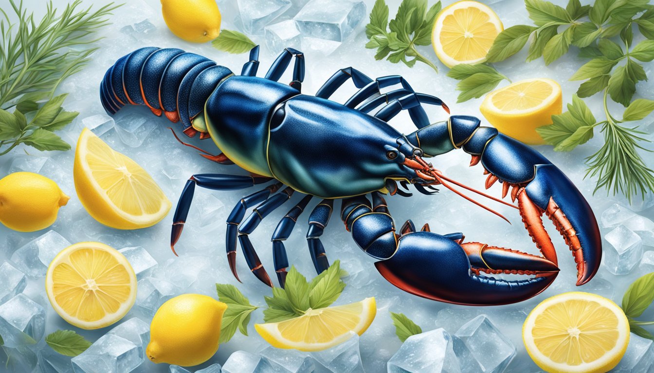 A lobster on a bed of ice, surrounded by lemons and herbs