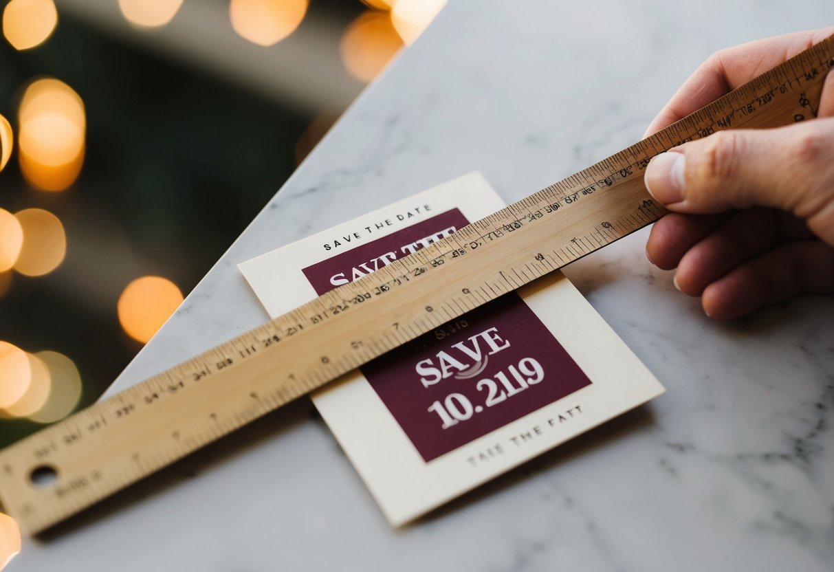 A hand holding a ruler measuring the dimensions of a save the date card