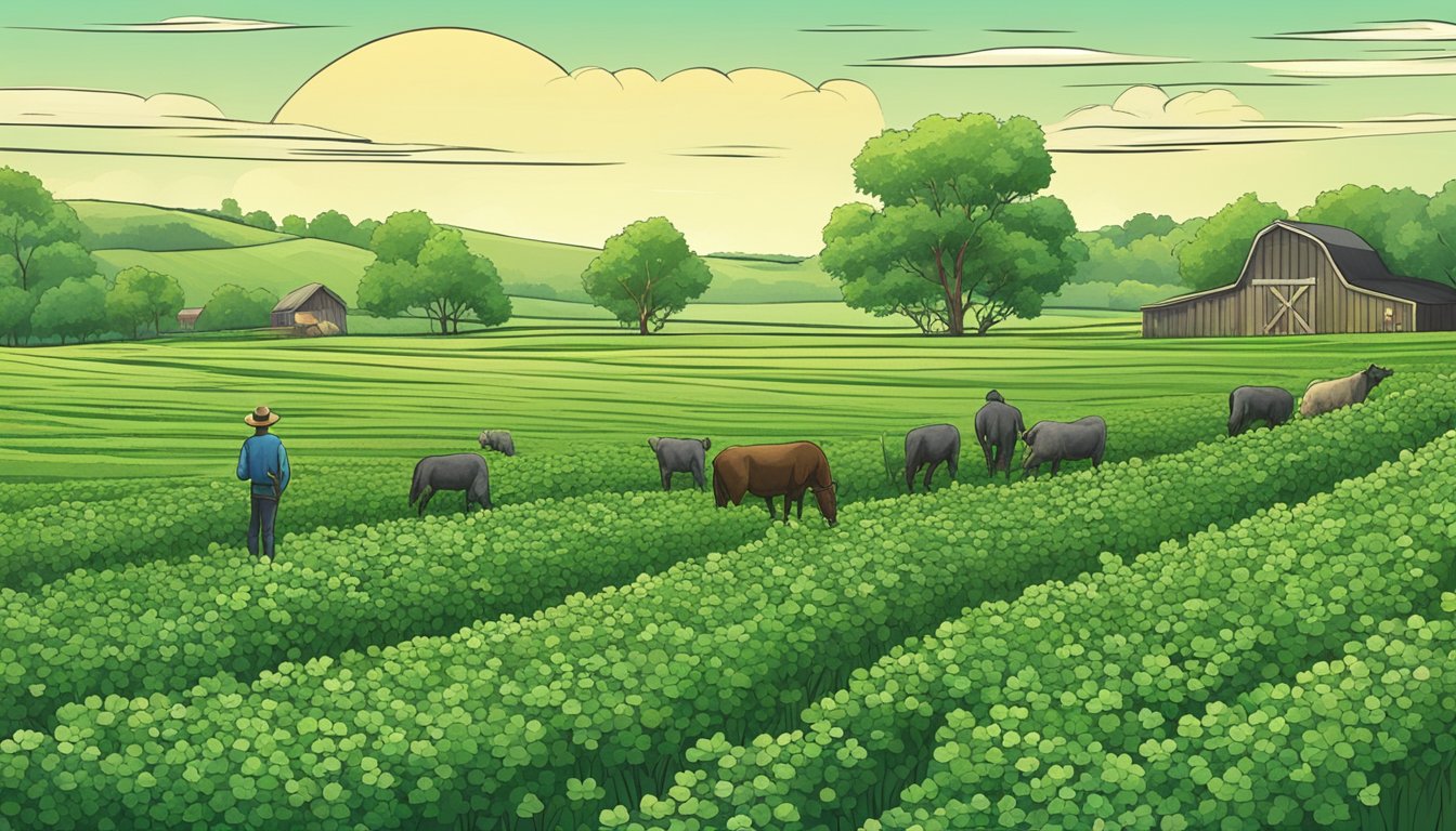 A lush field of clover with grazing livestock and a farmer inspecting the plants