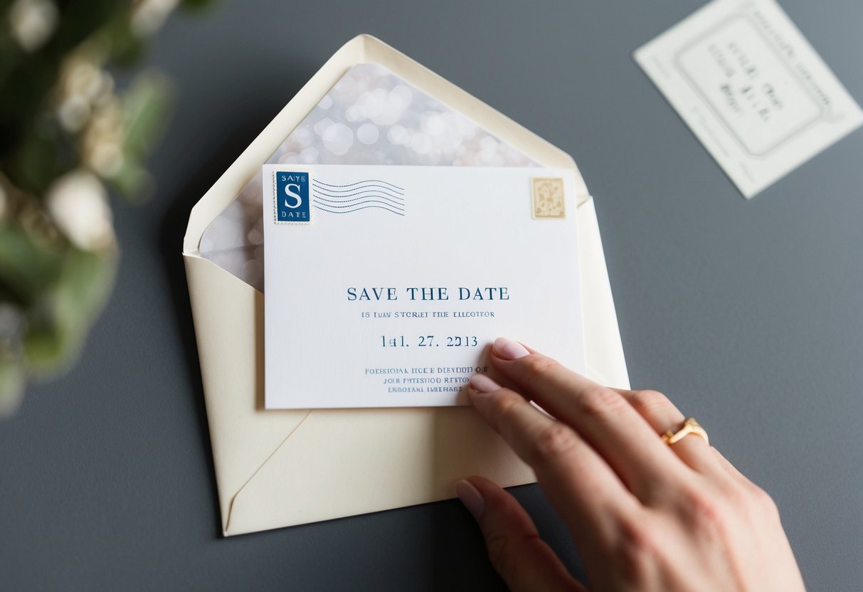 A hand placing a save the date card into a standard-sized envelope, with a postage stamp in the corner and a return address label on the back