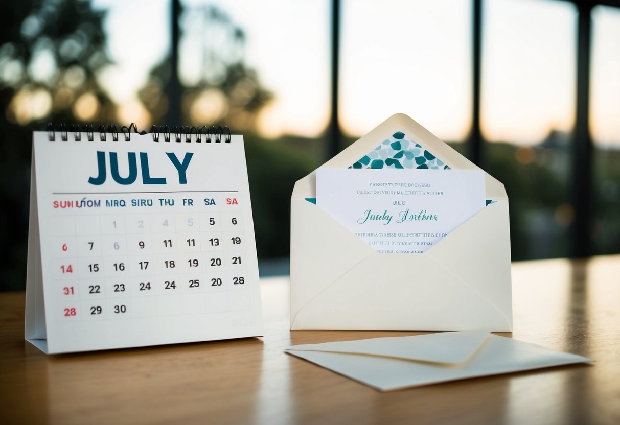 A calendar with July dates circled and an envelope with wedding invitation