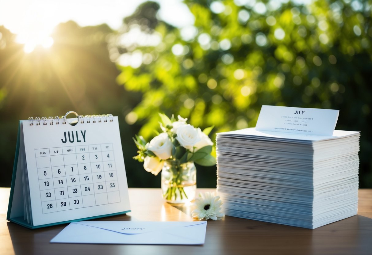 A sunny July day with a calendar showing the month and a stack of elegant wedding invitations ready to be sent out