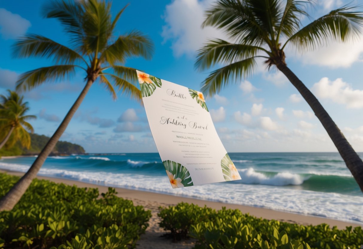 A tropical beach with a wedding invitation floating in the breeze, surrounded by lush palm trees and the sound of crashing waves