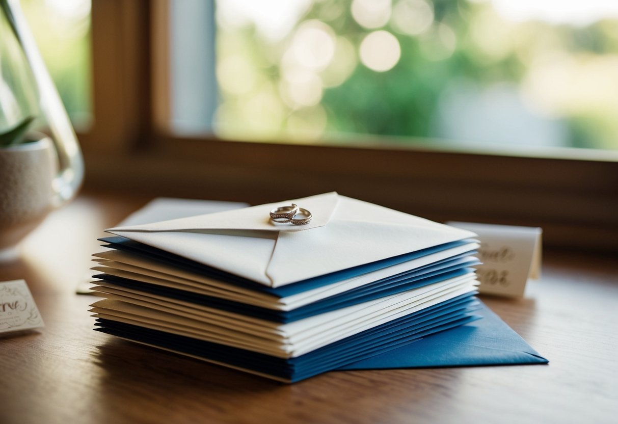 A stack of envelopes with wedding invitations and save the dates, ready to be sent out