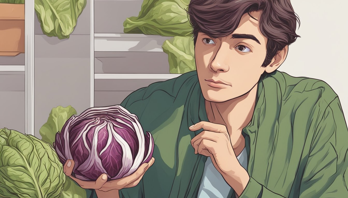 A person examining a head of unripe radicchio, with a cautious expression and a questioning look on their face