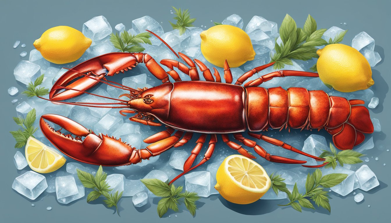 A raw lobster sits on a bed of ice, surrounded by vibrant lemons and herbs. The lobster's shell is a deep red, and its tail curls gracefully