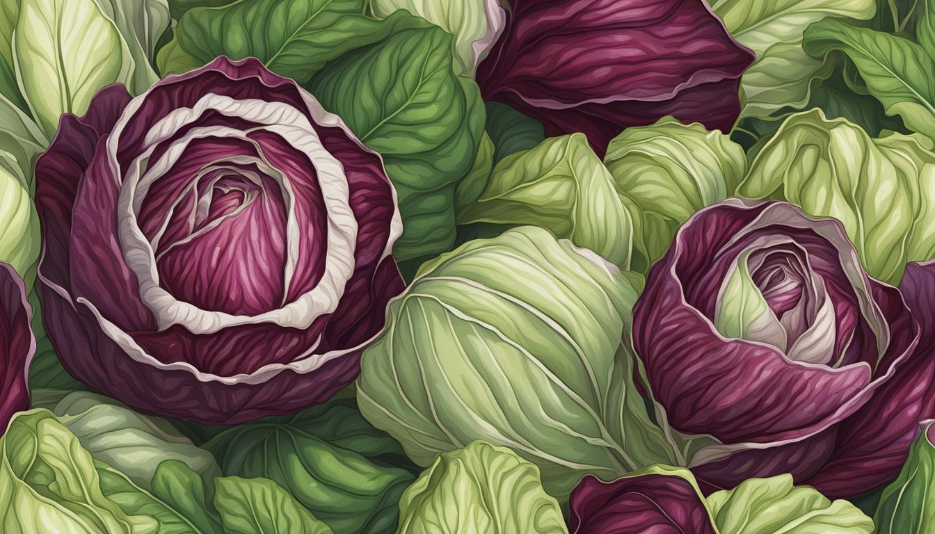 A vibrant radicchio head sits next to a pale, unripe one. The ripe leaves are deep red and tightly packed, while the unripe leaves are lighter in color and looser in formation