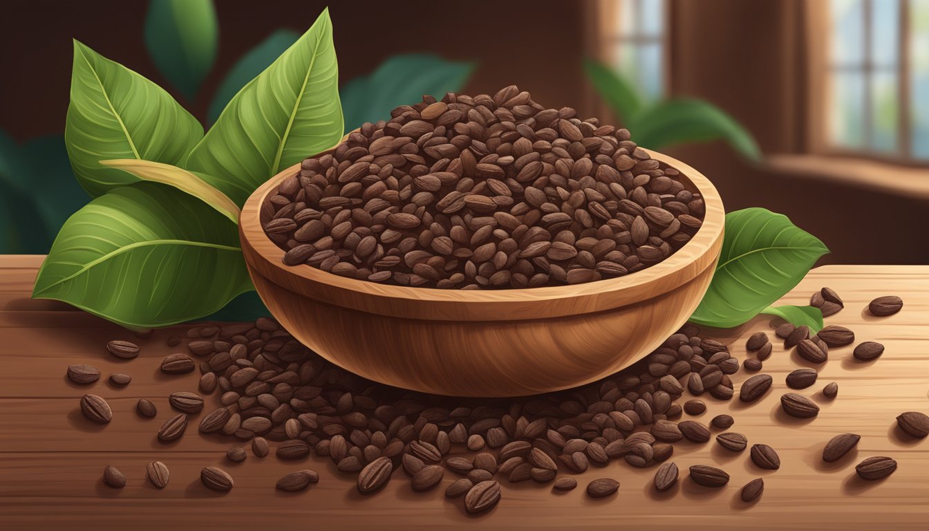 A bowl of cacao nibs spilling out onto a wooden table, surrounded by cocoa pods and leaves