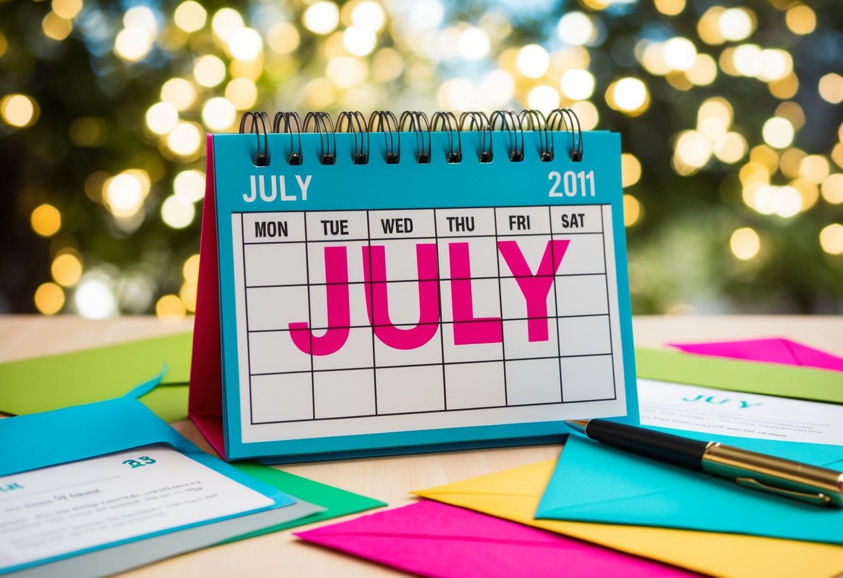 A calendar with the month of July highlighted, surrounded by colorful wedding invitations and a pen ready to address them