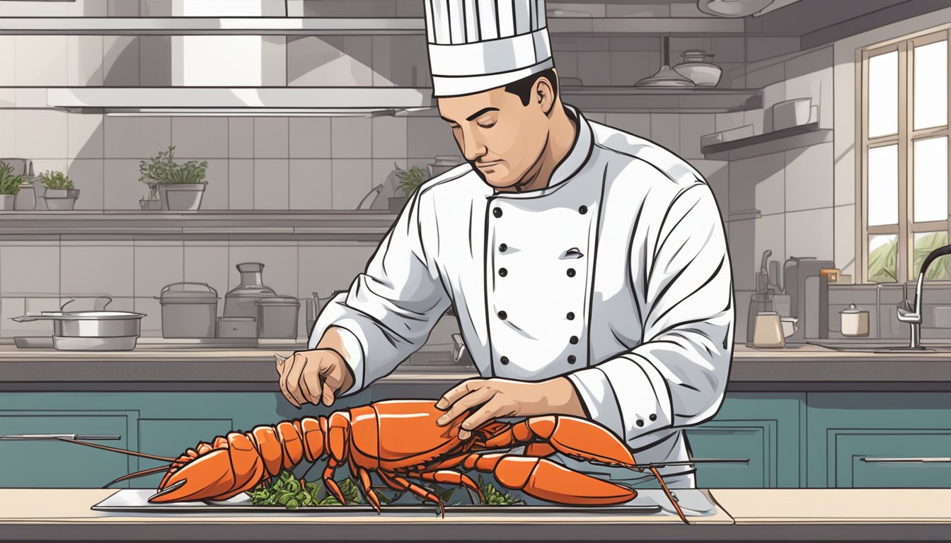 A chef carefully inspecting a live lobster before preparing it for cooking