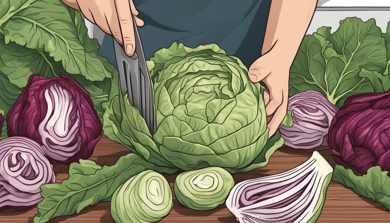 A person cutting into a radicchio head to reveal its unripe, bitter leaves