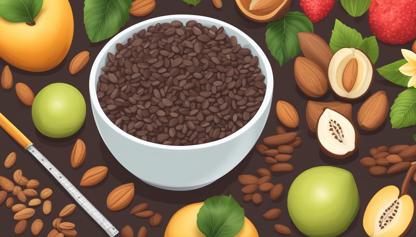 A bowl of cacao nibs surrounded by various fruits and nuts, with a measuring scale and nutrition label in the background