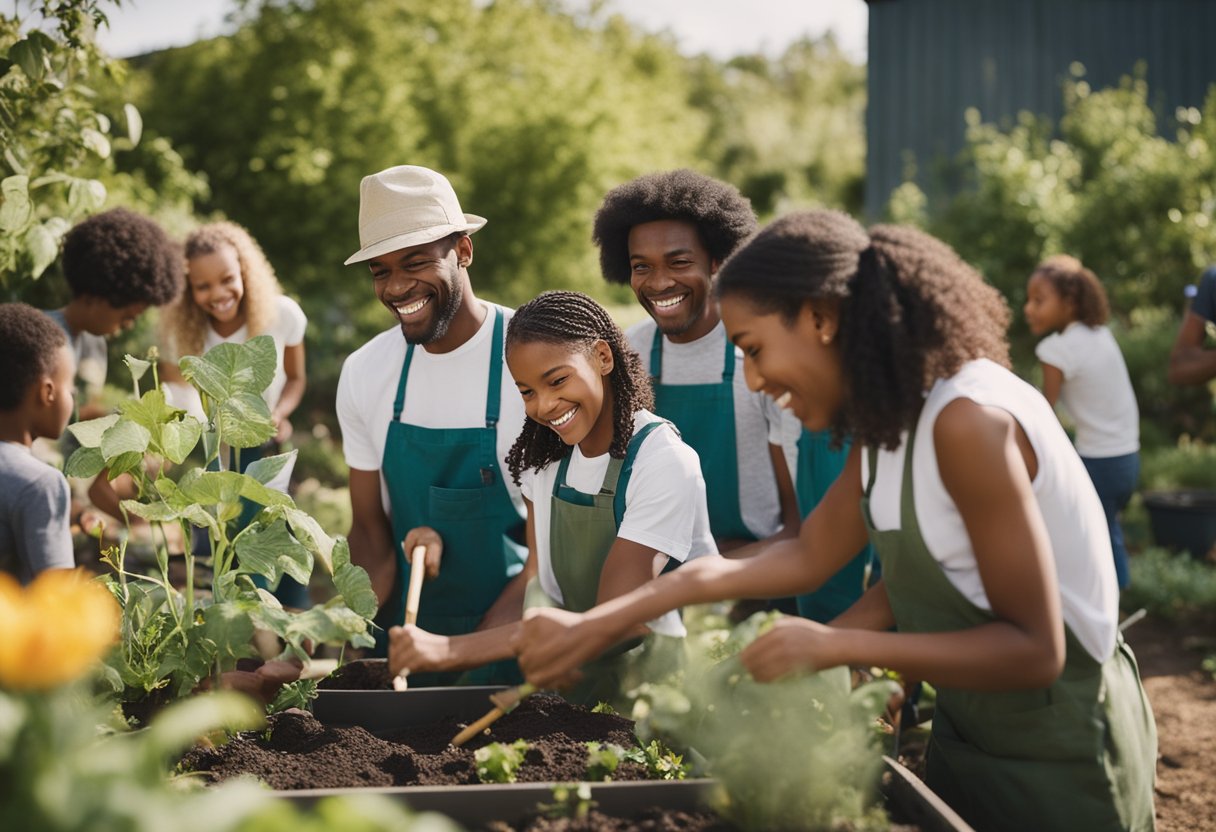 A group of diverse people working together in a community garden, painting murals, and teaching children, with smiles on their faces 15 unexpected benefits of volunteering