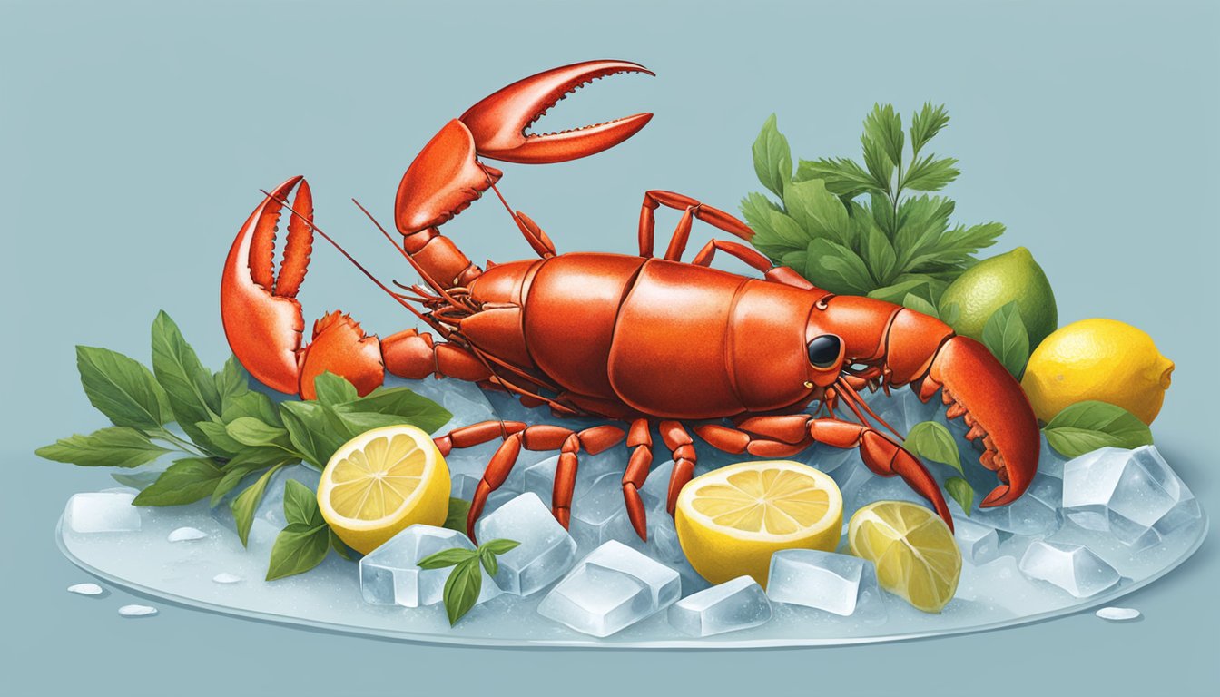 A lobster resting on a bed of ice, surrounded by lemons and herbs, with a chef's knife nearby