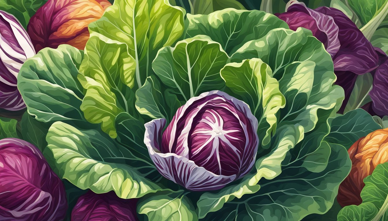 A vibrant radicchio plant with crisp, unripe leaves, surrounded by other fresh vegetables in a sunlit garden