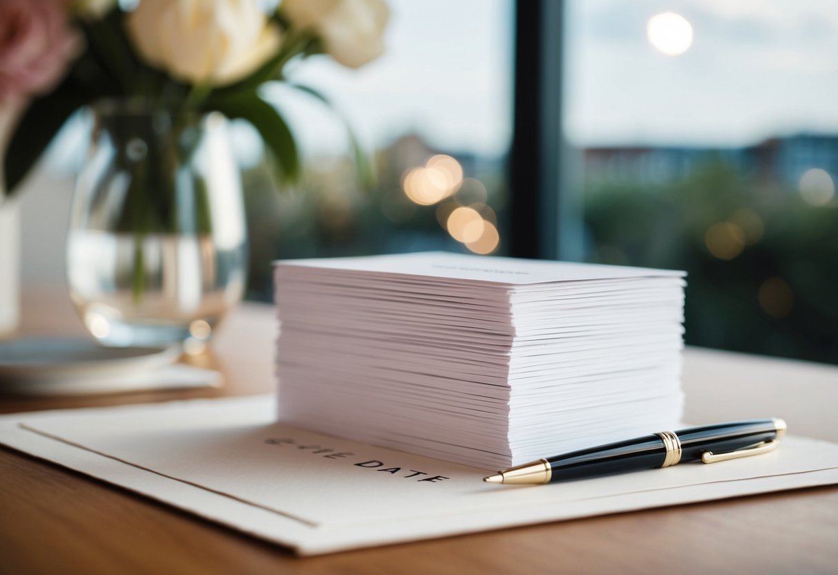 A stack of Save the Date cards on a table, with an elegant pen resting next to them