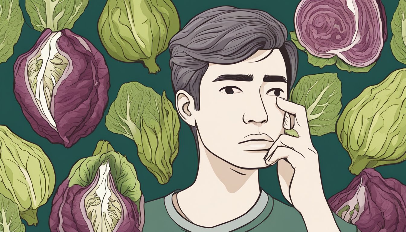 A person holding an unripe radicchio with a question mark above their head, surrounded by images of upset stomach, nausea, and discomfort