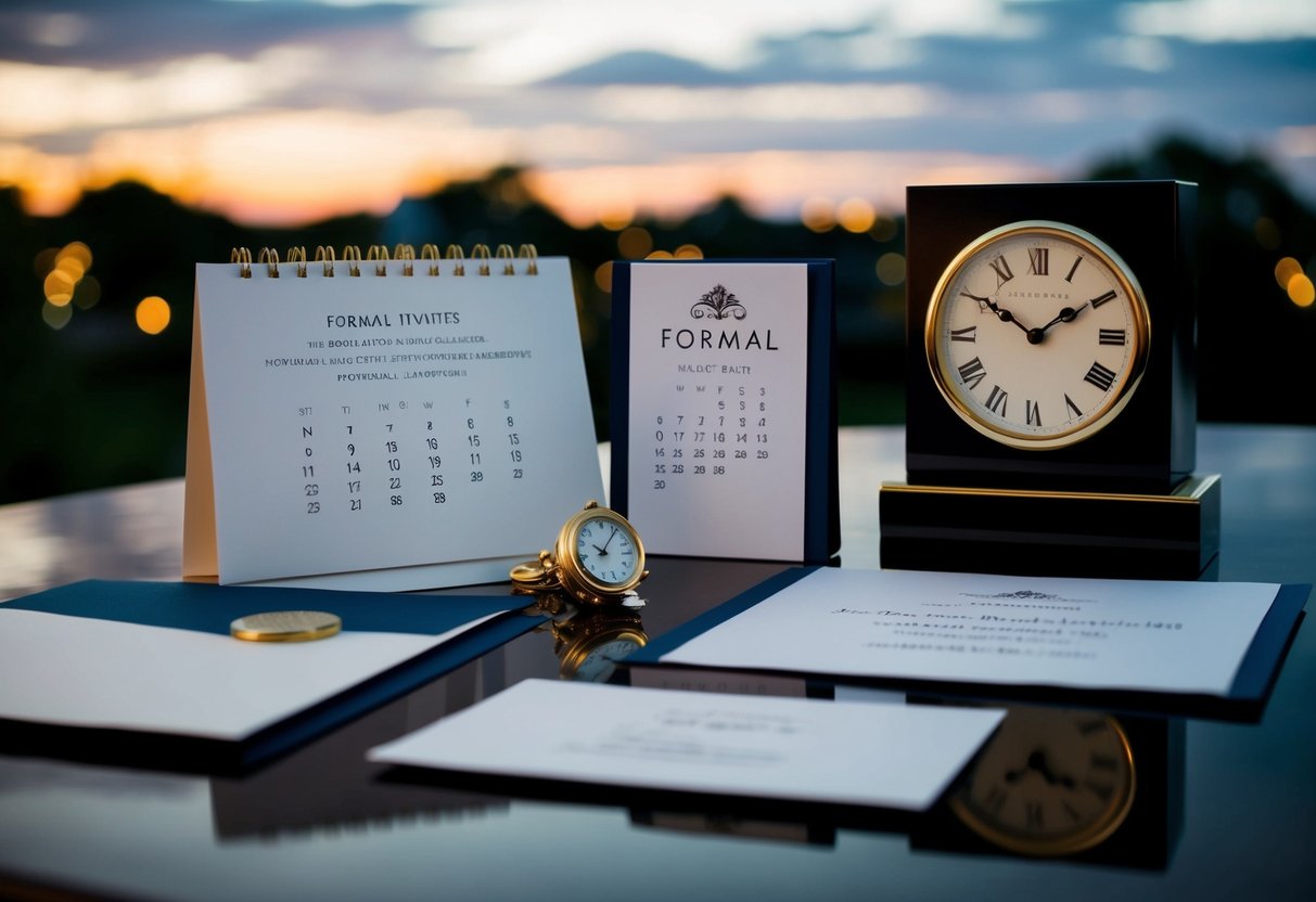 Formal invitations and details with a calendar and clock, evening setting