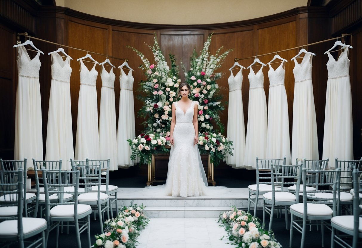 A bride standing alone on a flower-filled altar, surrounded by empty bridesmaid dresses hanging on a row of chairs