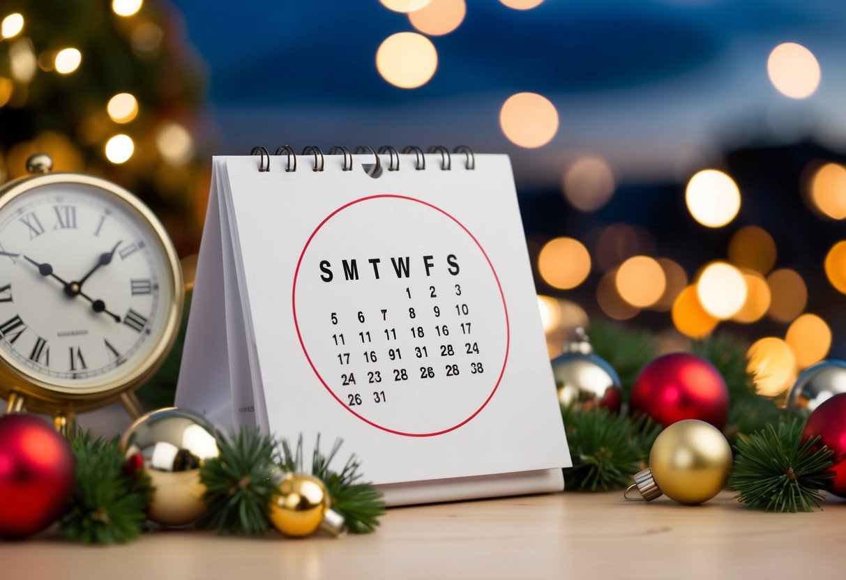 A calendar with a circle around the date, surrounded by festive decorations and a clock showing the evening time