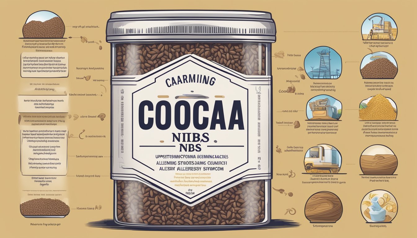 A cocoa nibs package with a warning label, surrounded by images of upset stomach and allergy symptoms