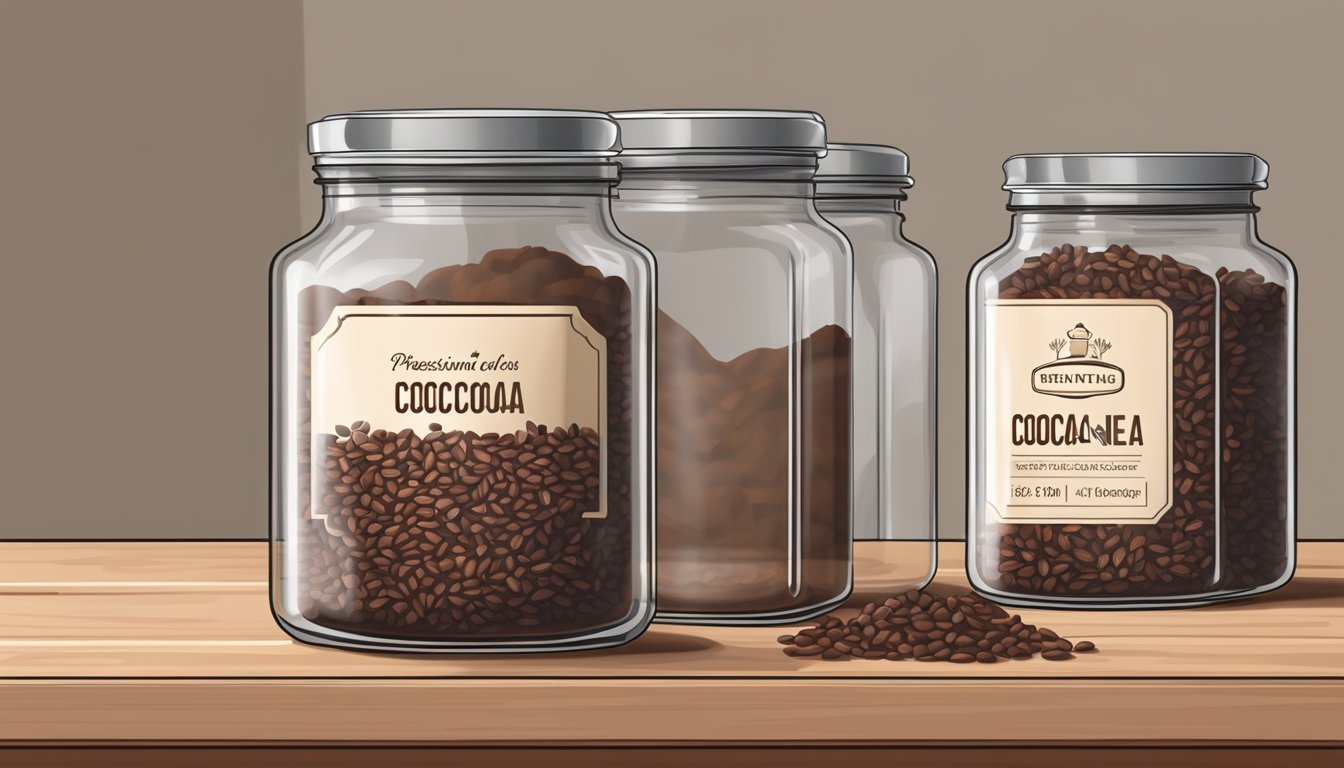 A glass jar filled with cocoa nibs sits on a shelf, sealed tightly to preserve freshness. A label indicates the date of storage