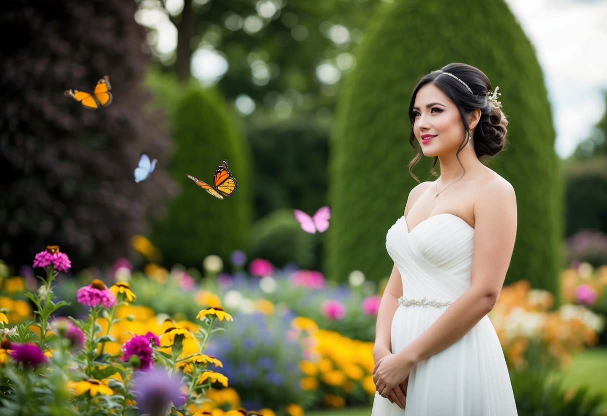 A bride standing alone in a garden, surrounded by colorful flowers and butterflies, looking confident and content