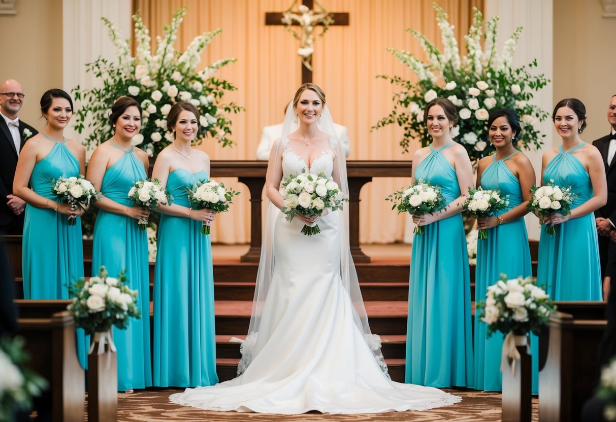 A bride stands alone at the altar, surrounded by blooming flowers and elegant decor, symbolizing her decision to forgo bridesmaids and manage expectations