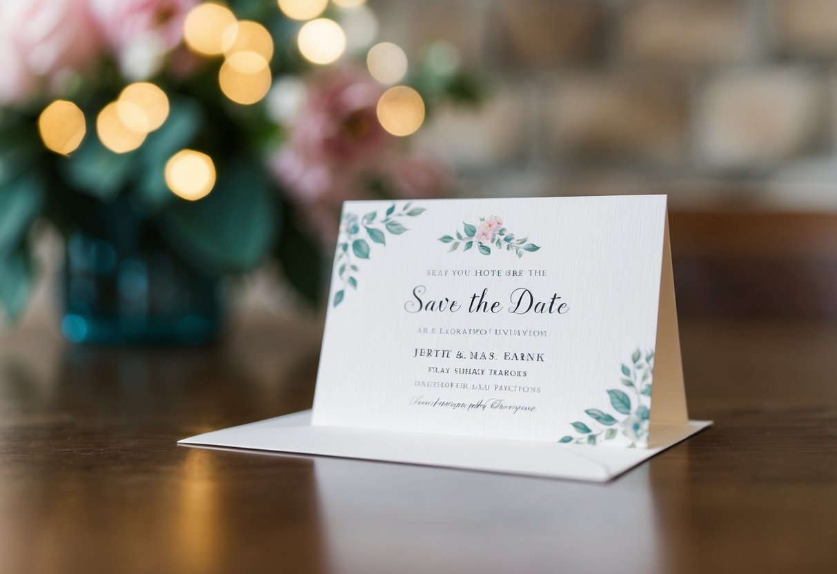 A beautiful save the date card sits alone on a table, with no accompanying invitation in sight