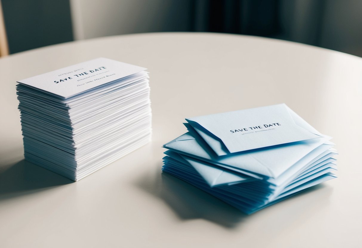 A stack of save the date cards sits on a table, while a pile of unopened envelopes representing the guest list lies nearby